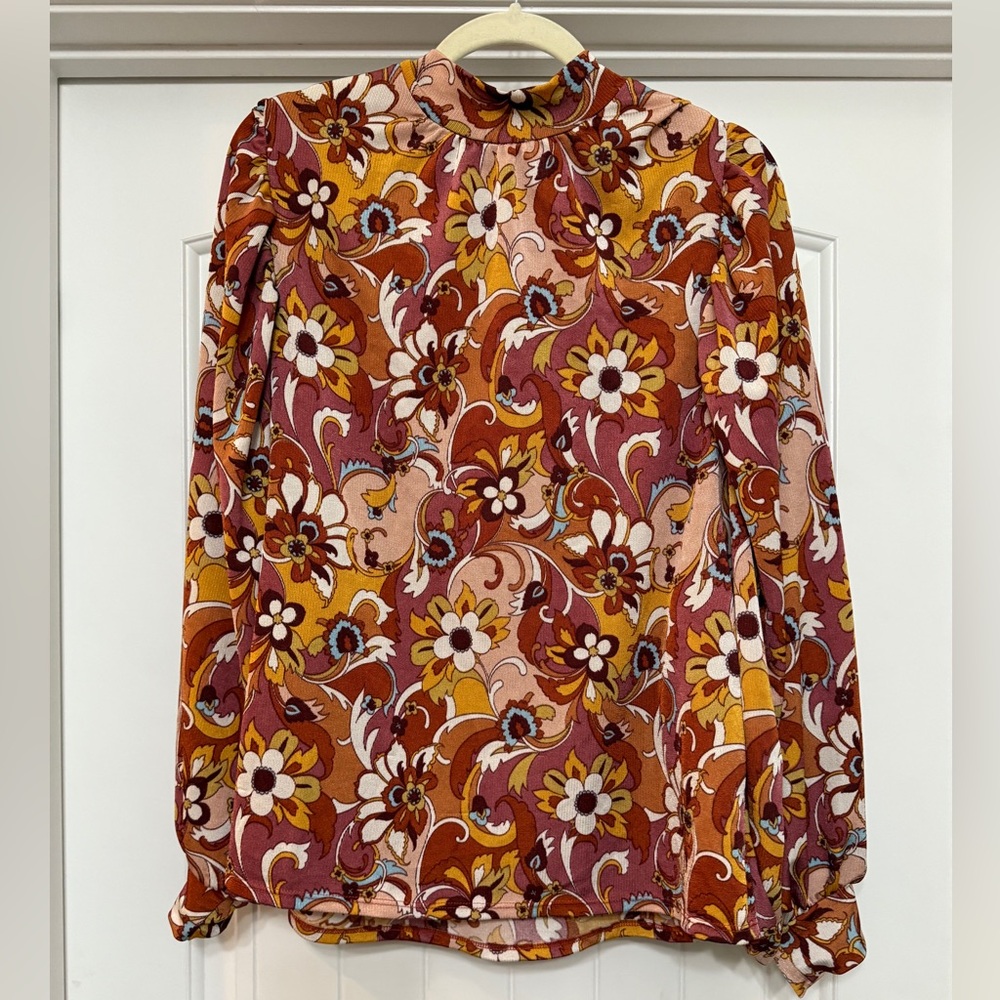 Pink Lily Floral Mock Neck Long Sleeve Blouse | L